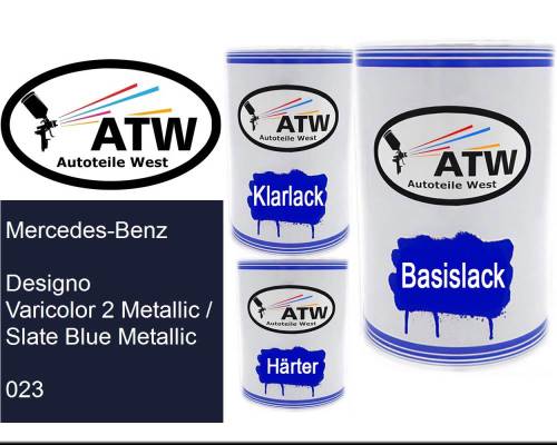Mercedes-Benz, Designo Varicolor 2 Metallic / Slate Blue Metallic, 023: 500ml Lackdose + 500ml Klarlack + 250ml Härter - Set, von ATW Autoteile West.